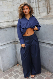 Pantalon Wide Leg Plooien Donker Blauw