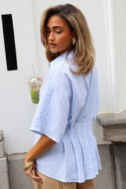 Blouse Korte Mouwen Plooien Blauw