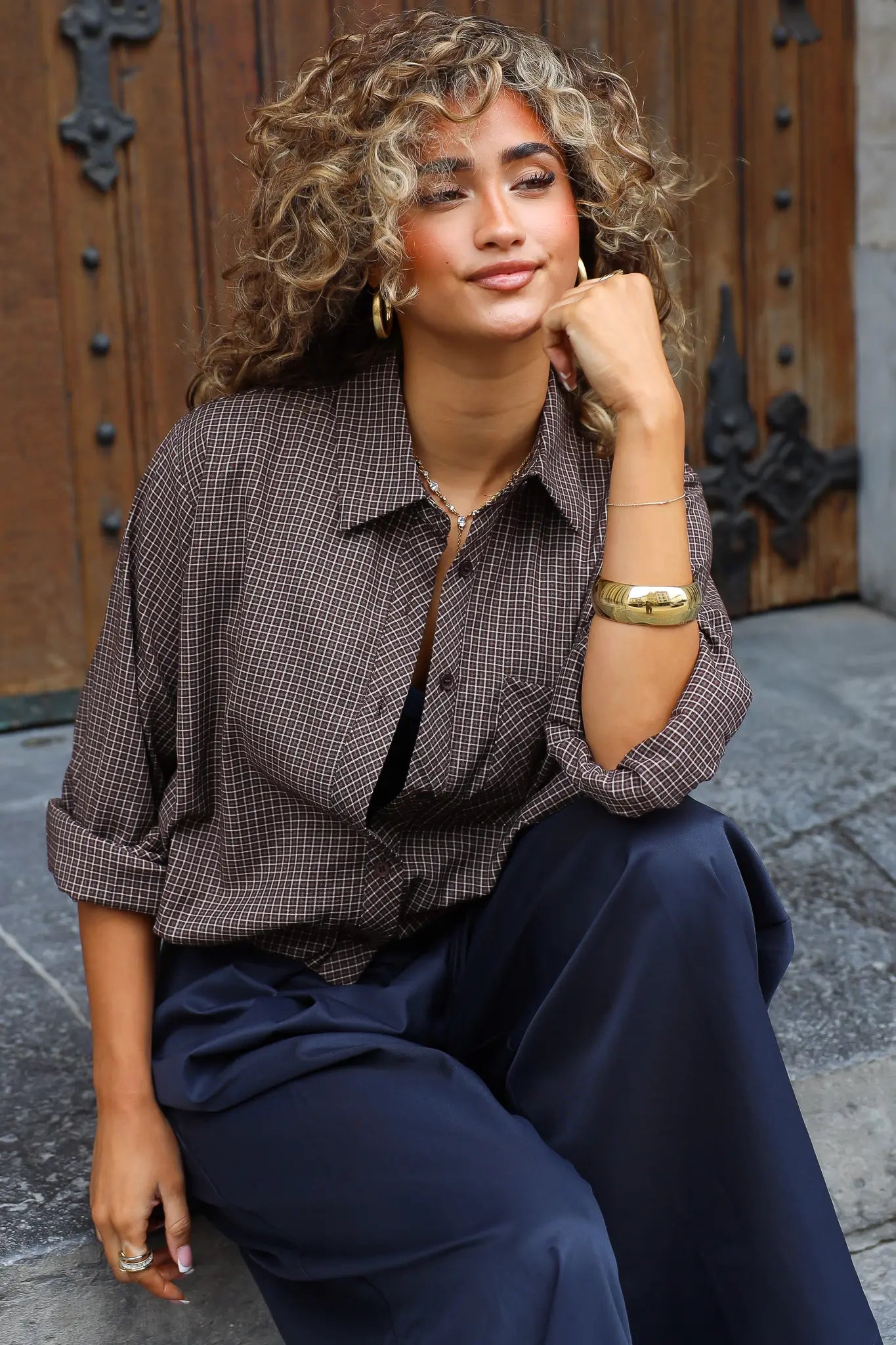 Ballon Blouse Ruitpatroon Bruin