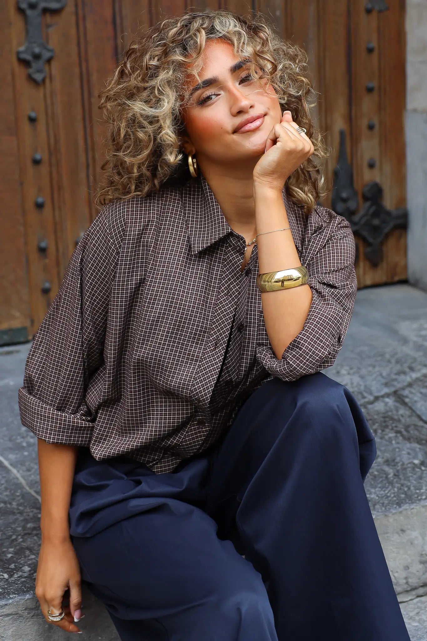 Ballon Blouse Ruitpatroon Bruin