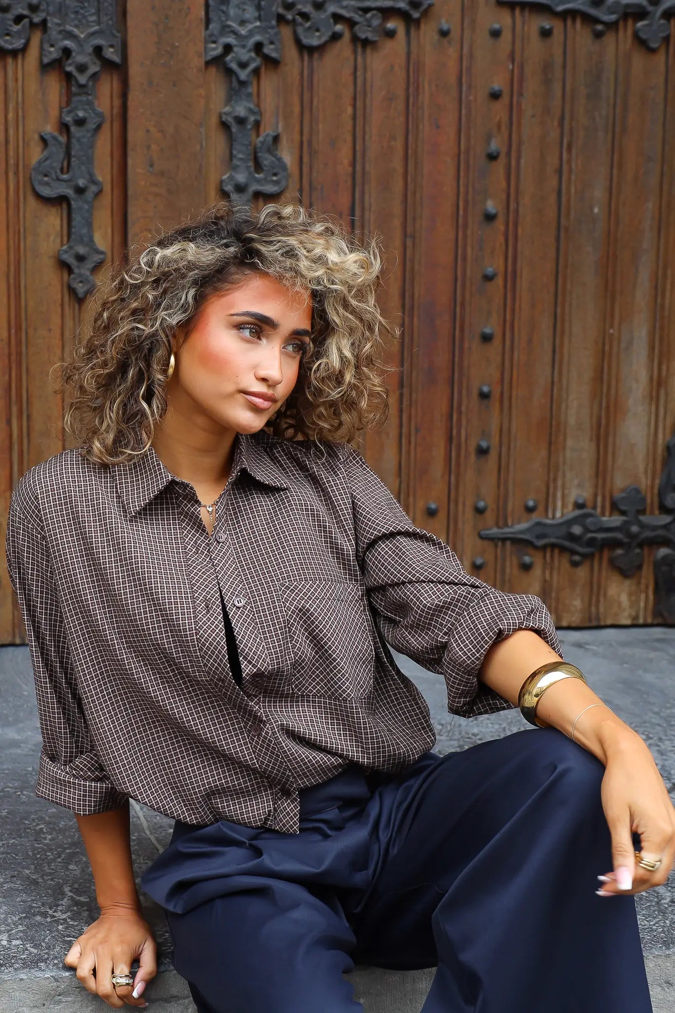 Ballon Blouse Ruitpatroon Bruin
