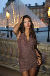 Jurk Draped Strass Bruin