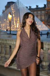 Jurk Draped Strass Bruin