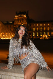 Top Pailletten Franjes Zilver