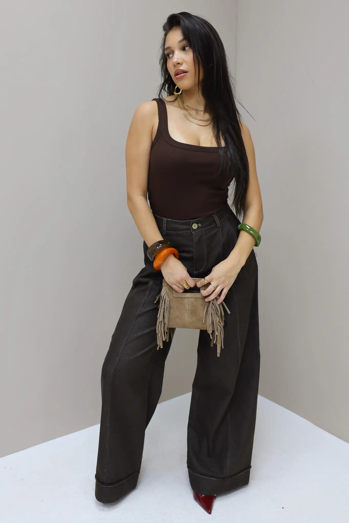 Tas Suede Franjes Mini Taupe