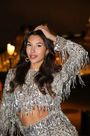 Top Pailletten Franjes Zilver