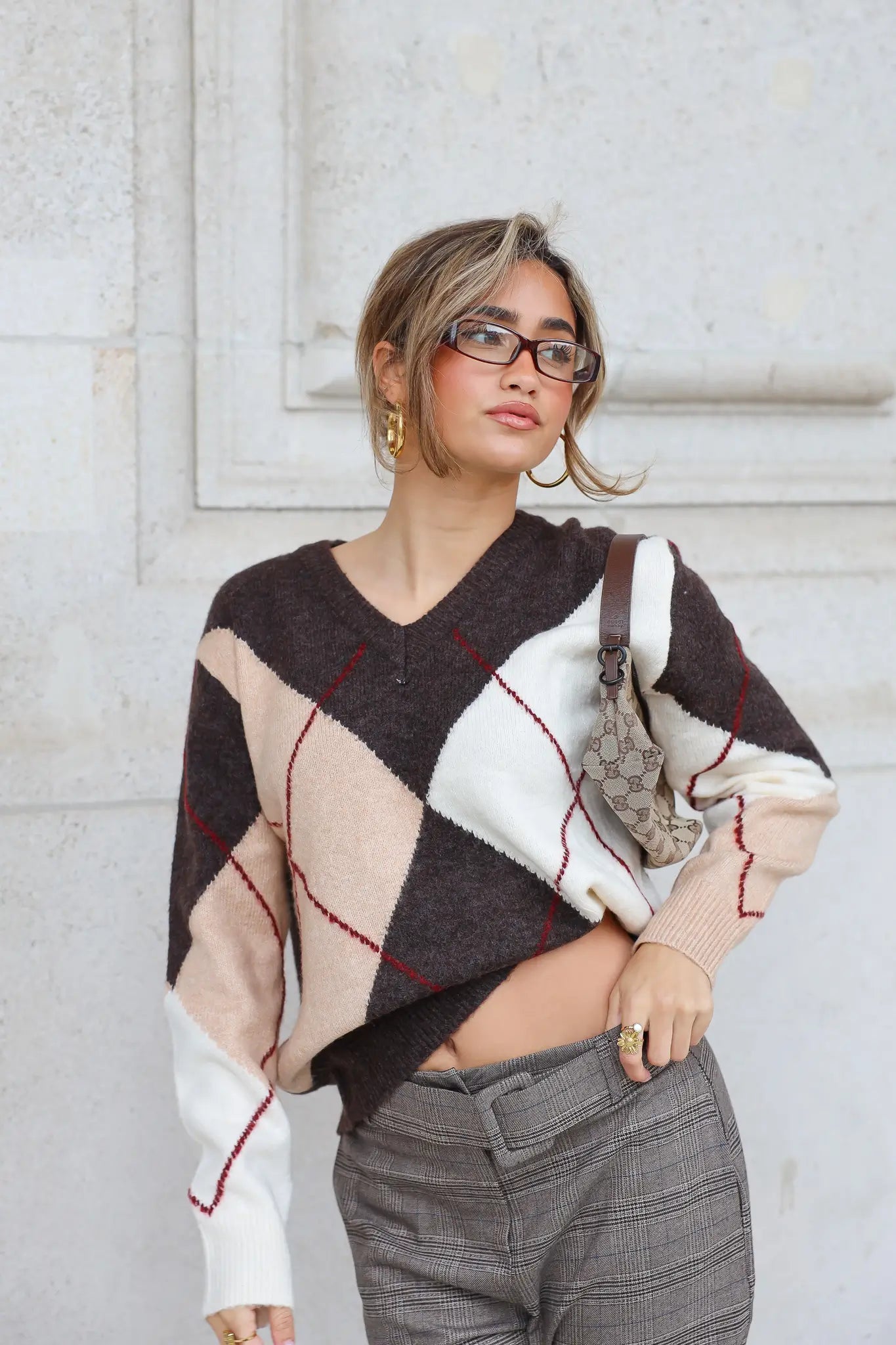 Trui Lange Mouwen Ruit Bruin