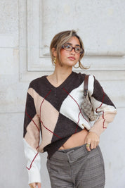 Trui Lange Mouwen Ruit Bruin