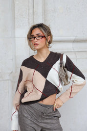 Trui Lange Mouwen Ruit Bruin