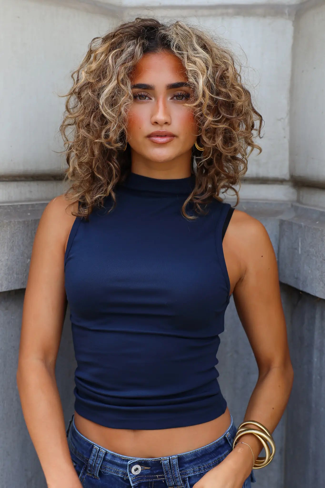 Mouwloze Top Opstaande Hals Donker Blauw