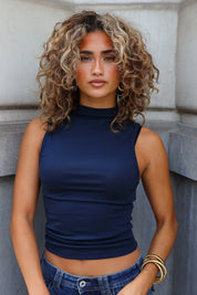 Mouwloze Top Opstaande Hals Donker Blauw
