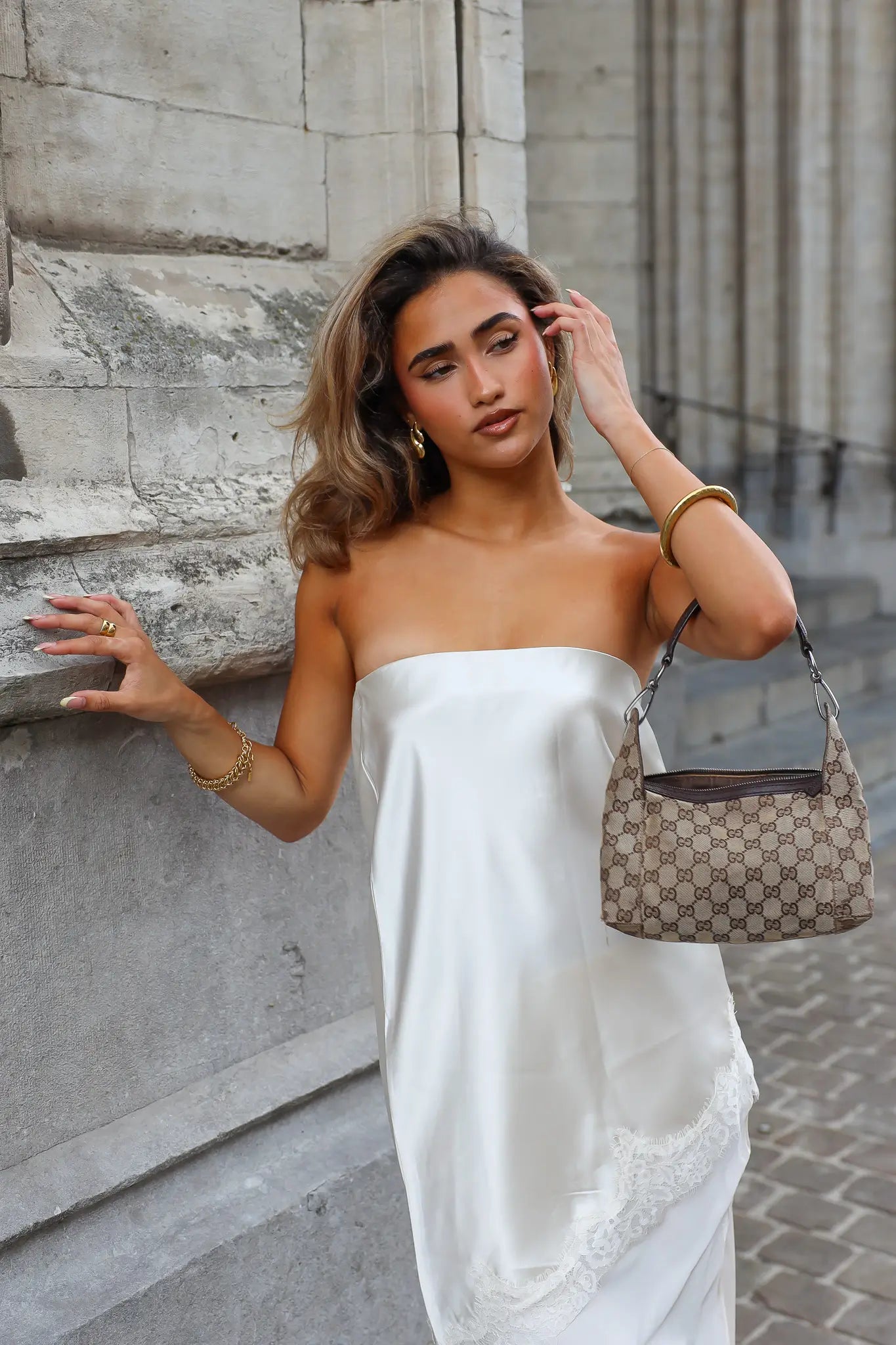 Satijnen Strapless Top Kant Beige
