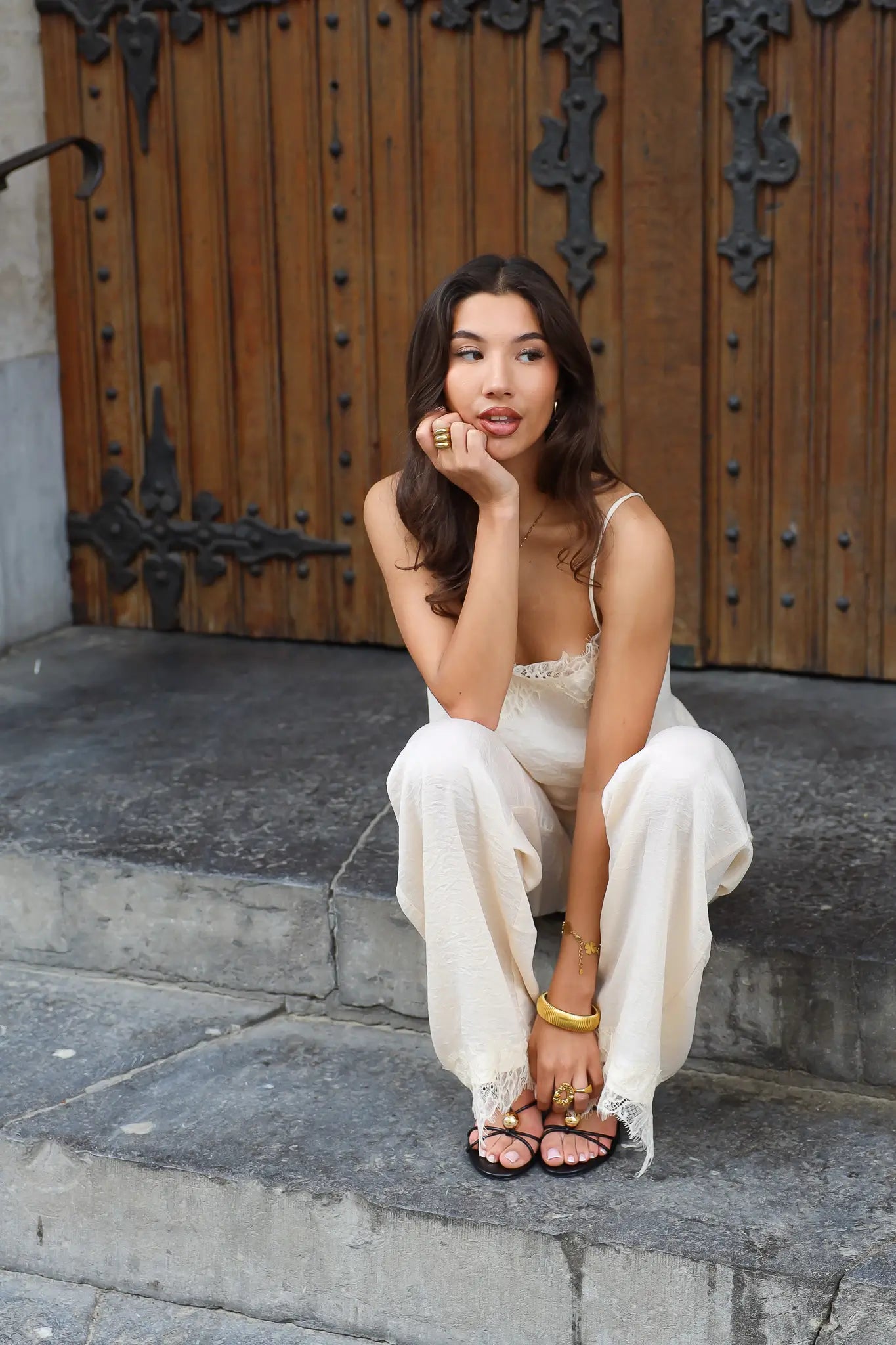 Pantalon Kanten Details Beige