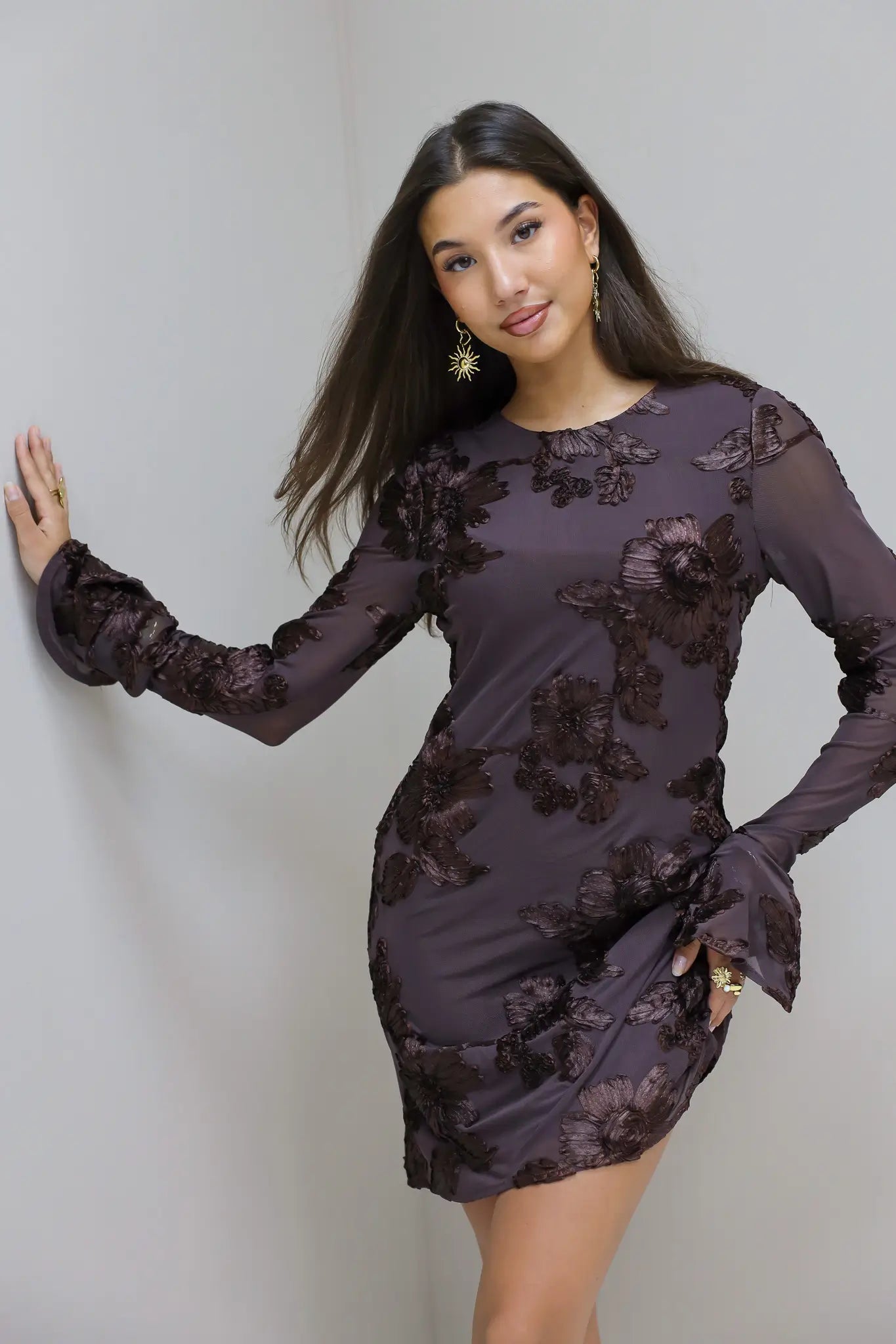 Jurk Bloemen Opdruk Bruin