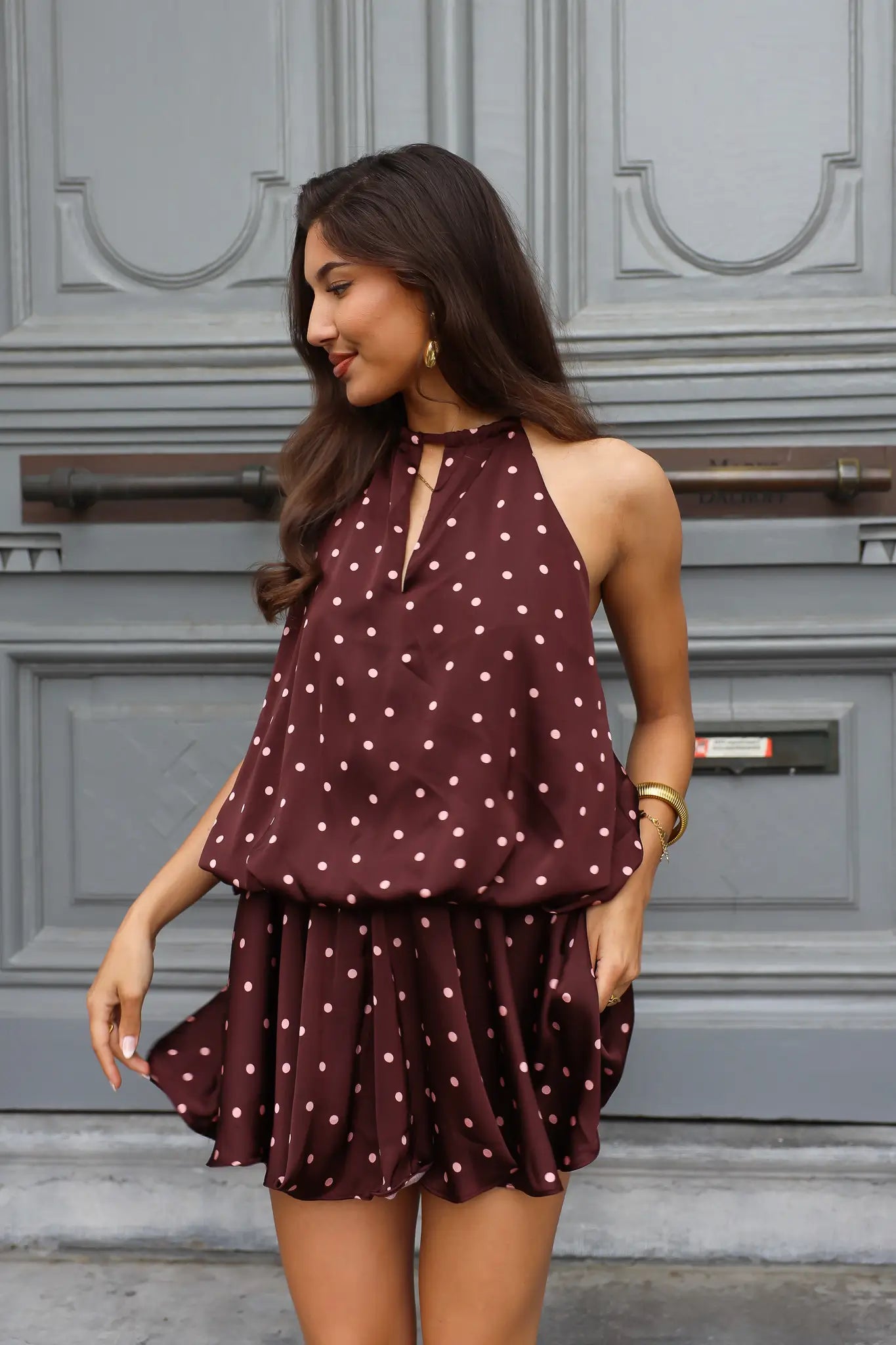 Jurk Kort Polka Dot Bruin