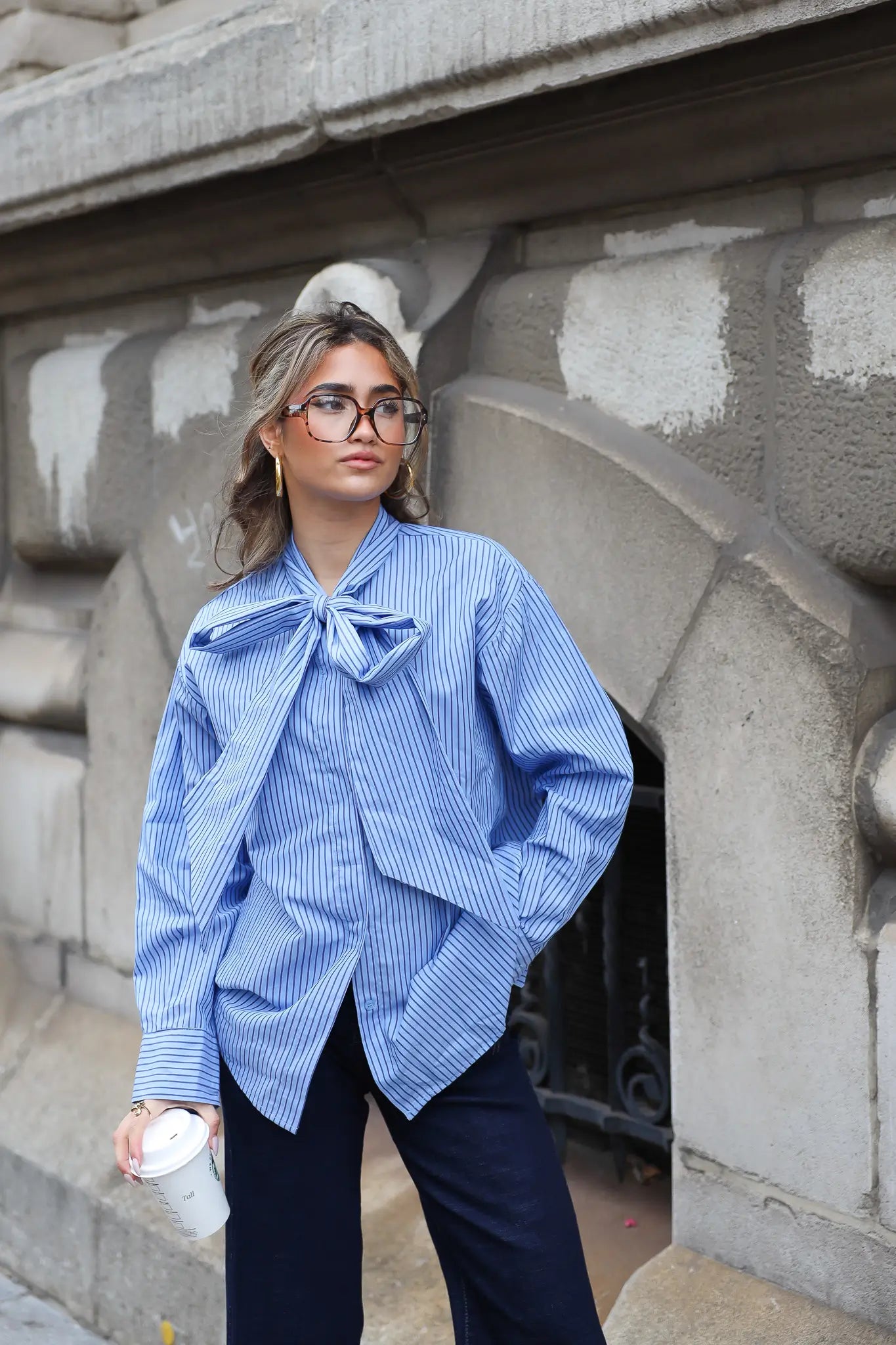 Blouse Gestreept Grote Strik Blauw