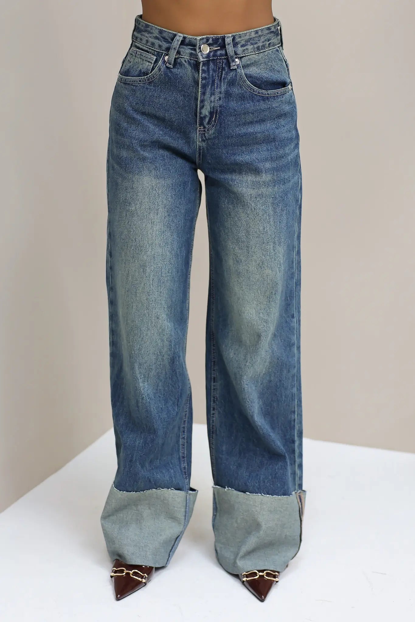 Jeans Wijde Pijpen Omslag Blauw 3118