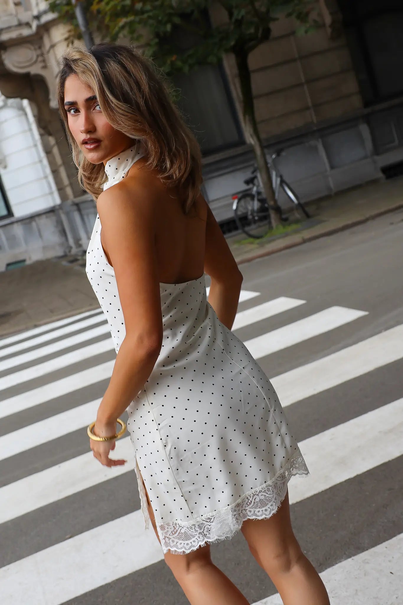 Jurk Polka Dot Kanten Detail Beige