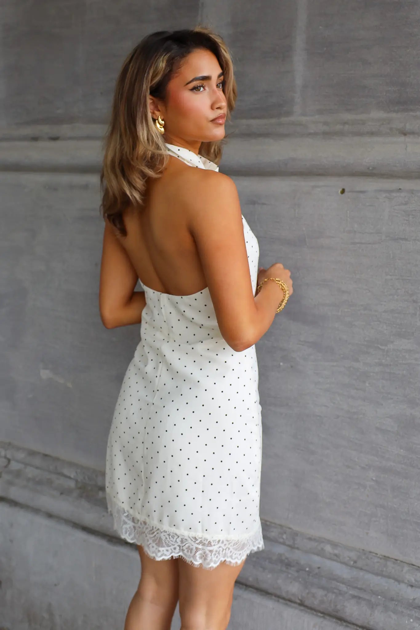 Jurk Polka Dot Kanten Detail Beige