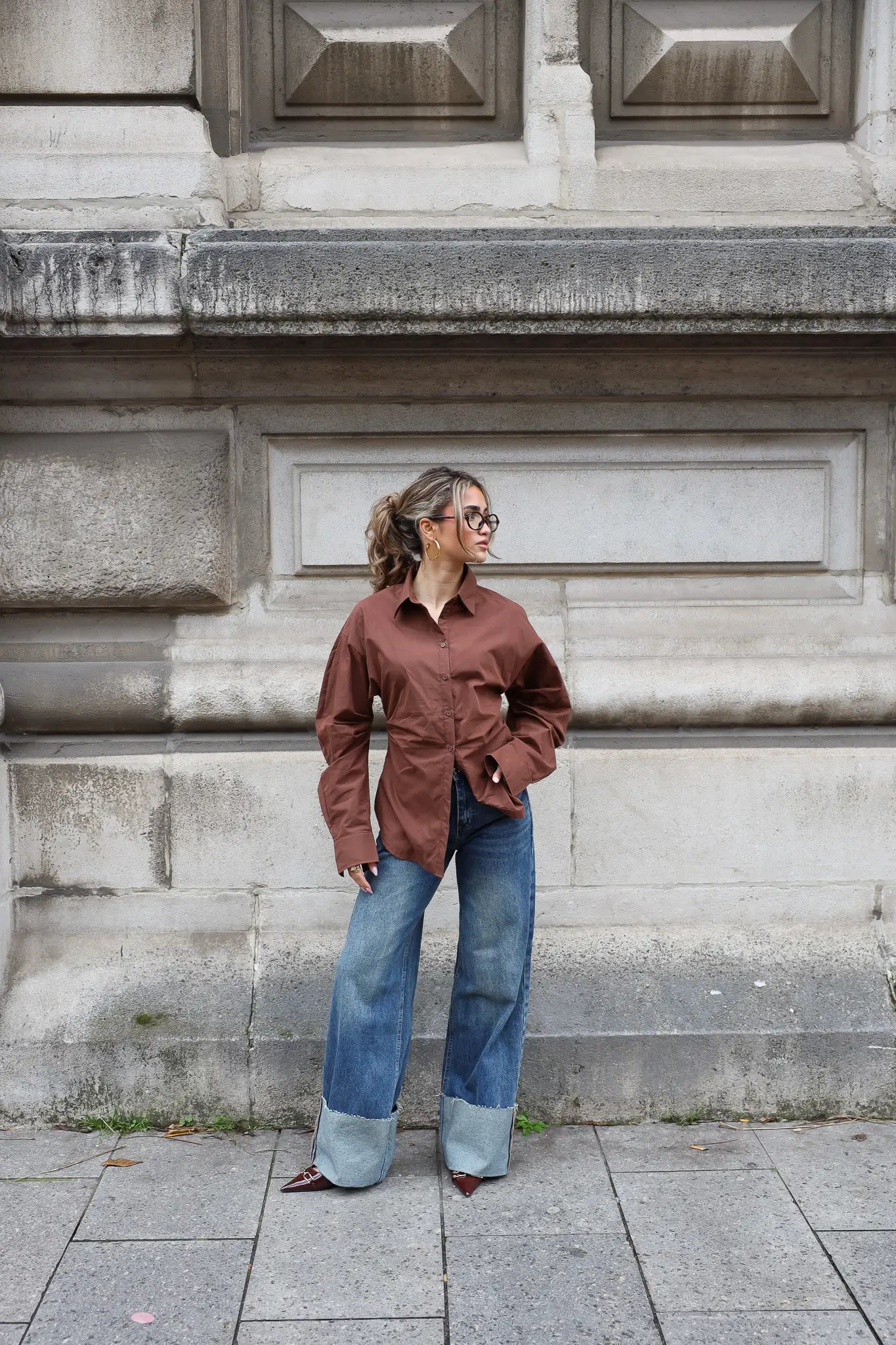 Blouse Getailleerd Lange Mouwen Bruin