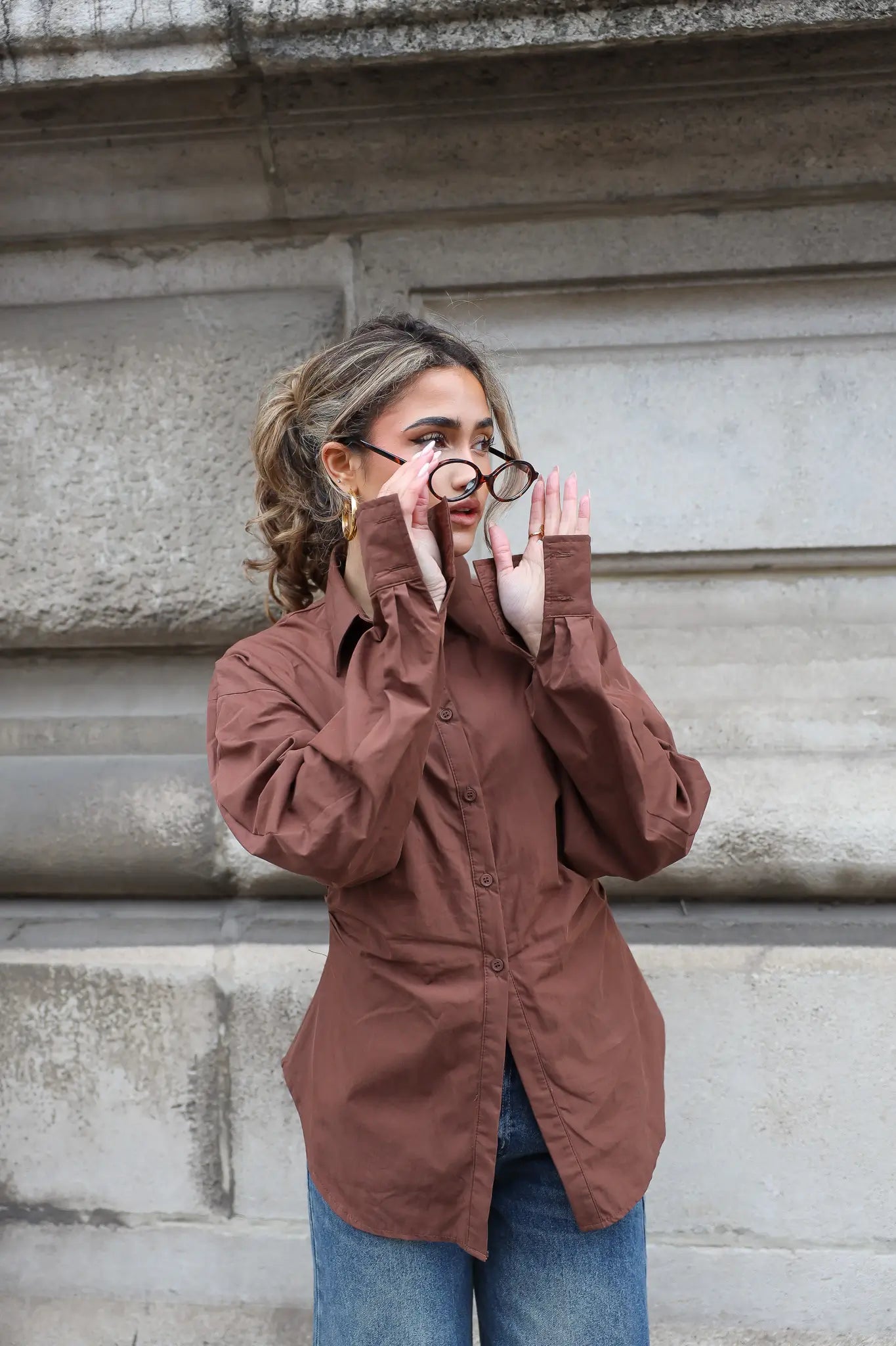 Blouse Getailleerd Lange Mouwen Bruin