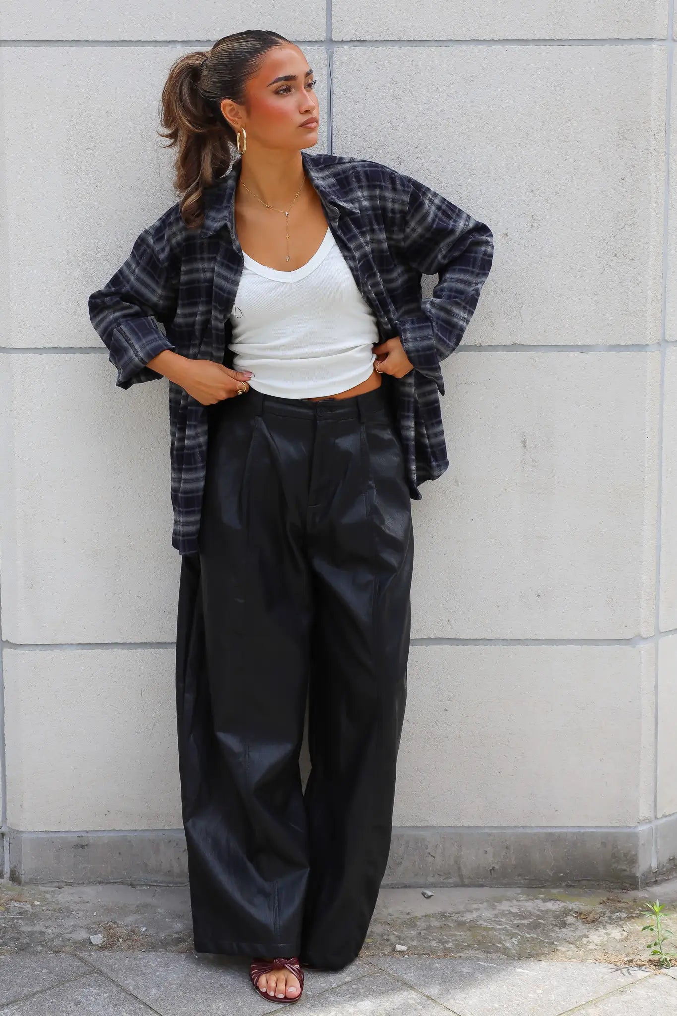 Wide Fit Leather Look Broek Zwart