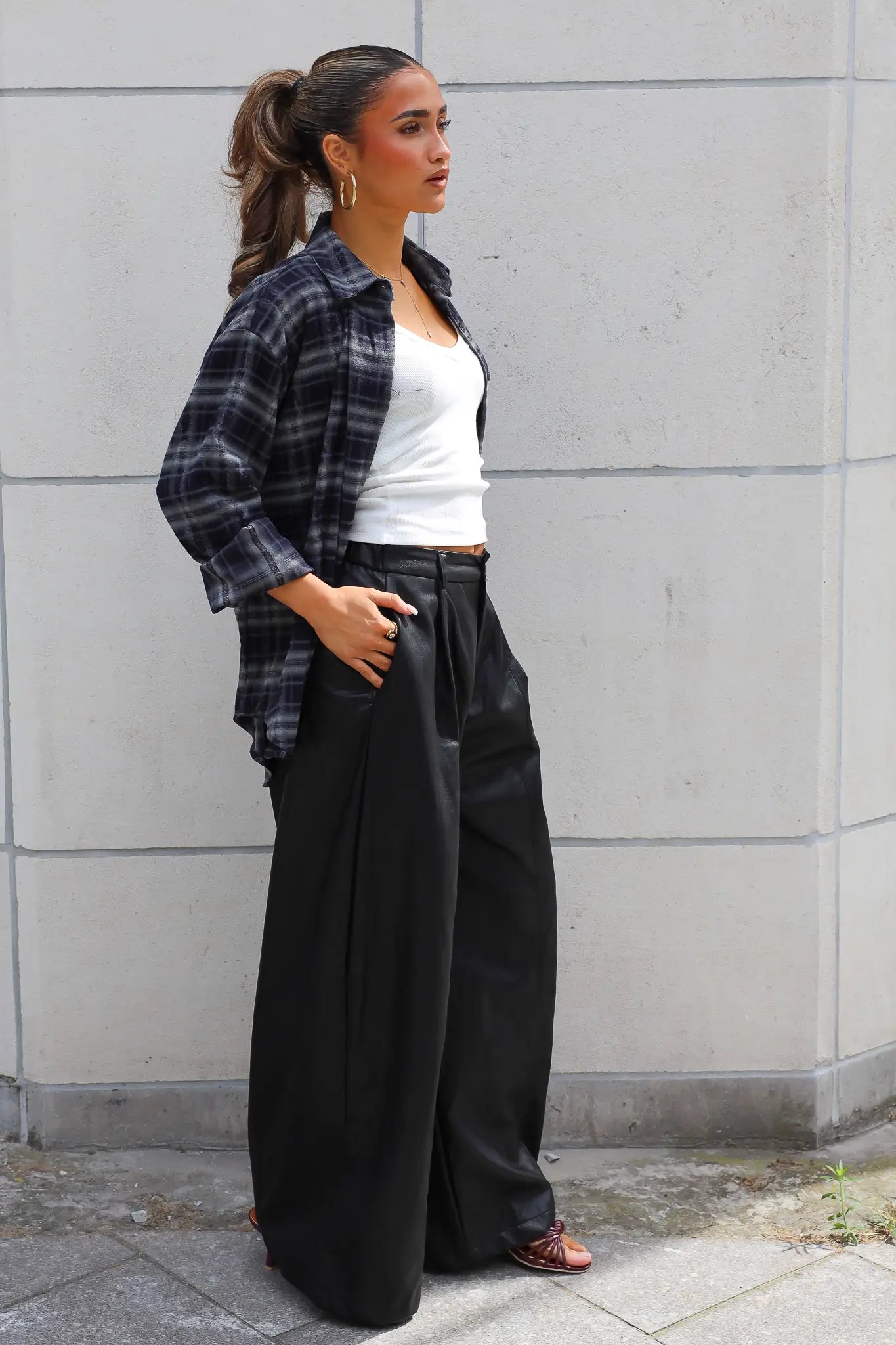 Wide Fit Leather Look Broek Zwart