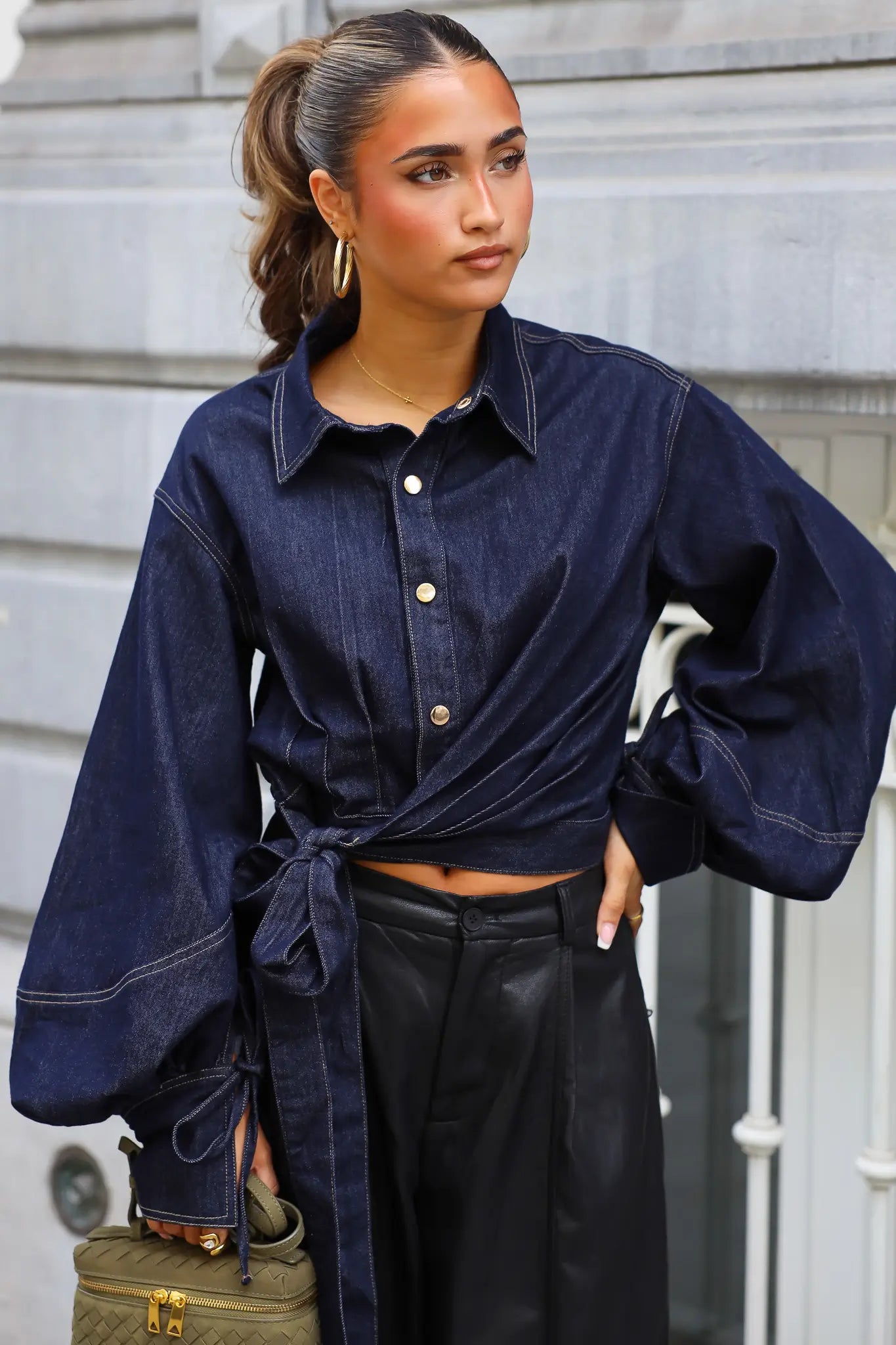 Blouse Denim Strik Donker Blauw