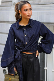 Blouse Denim Strik Donker Blauw