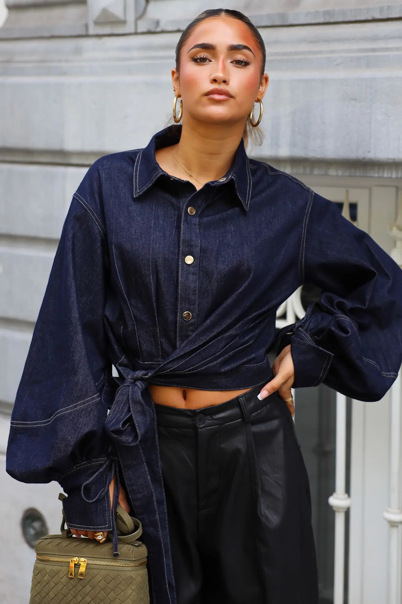 Blouse Denim Strik Donker Blauw