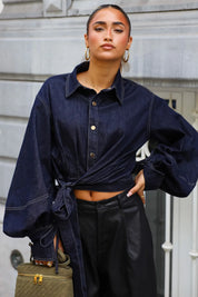 Blouse Denim Strik Donker Blauw