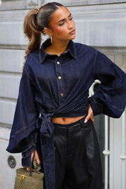 Blouse Denim Strik Donker Blauw
