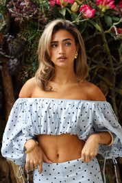 Off Shoulder Top Polka Dots Blauw