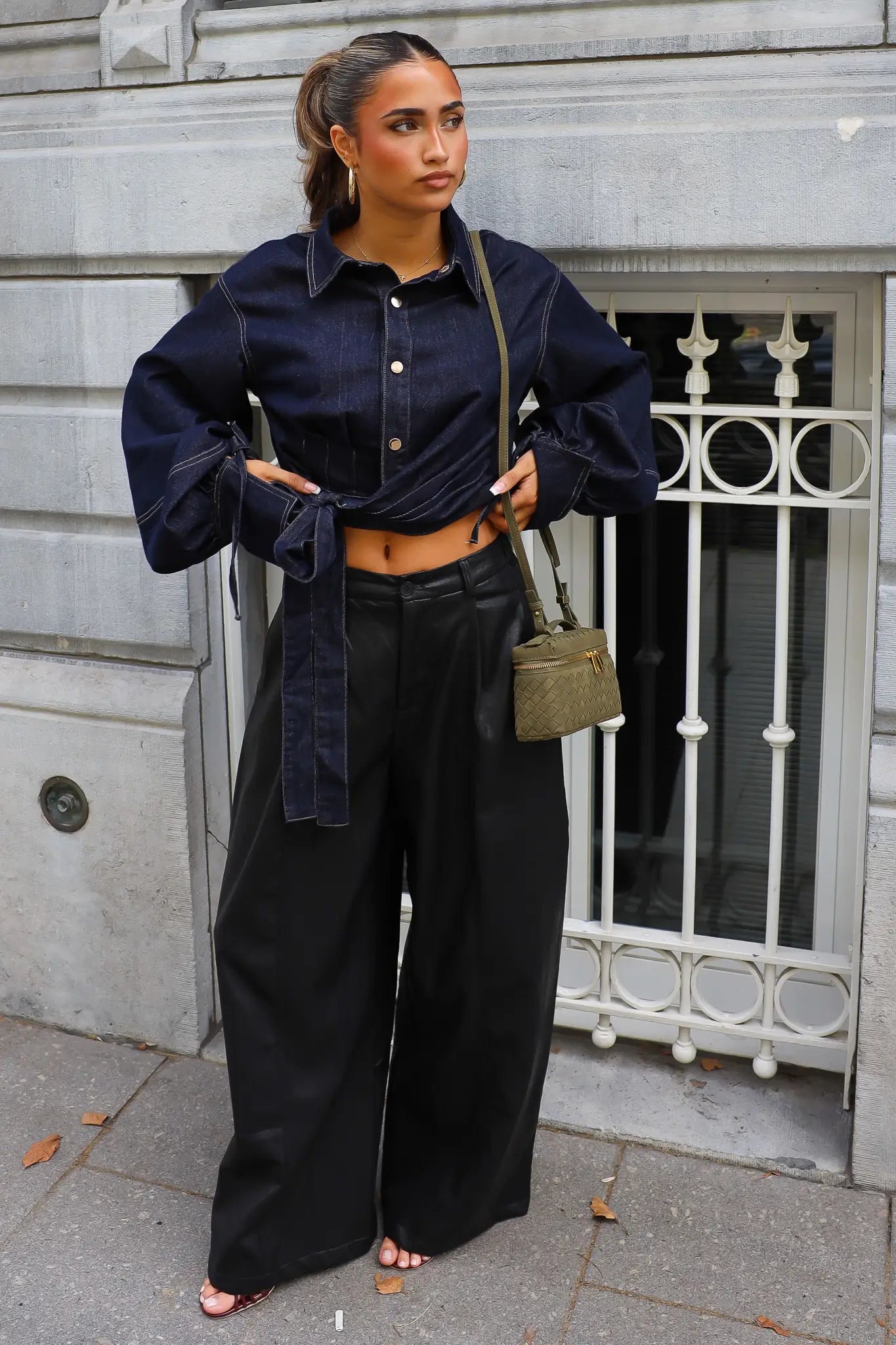 Wide Fit Leather Look Broek Zwart