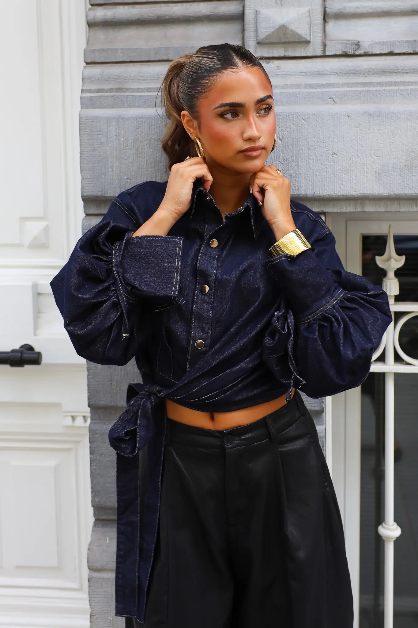 Blouse Denim Strik Donker Blauw