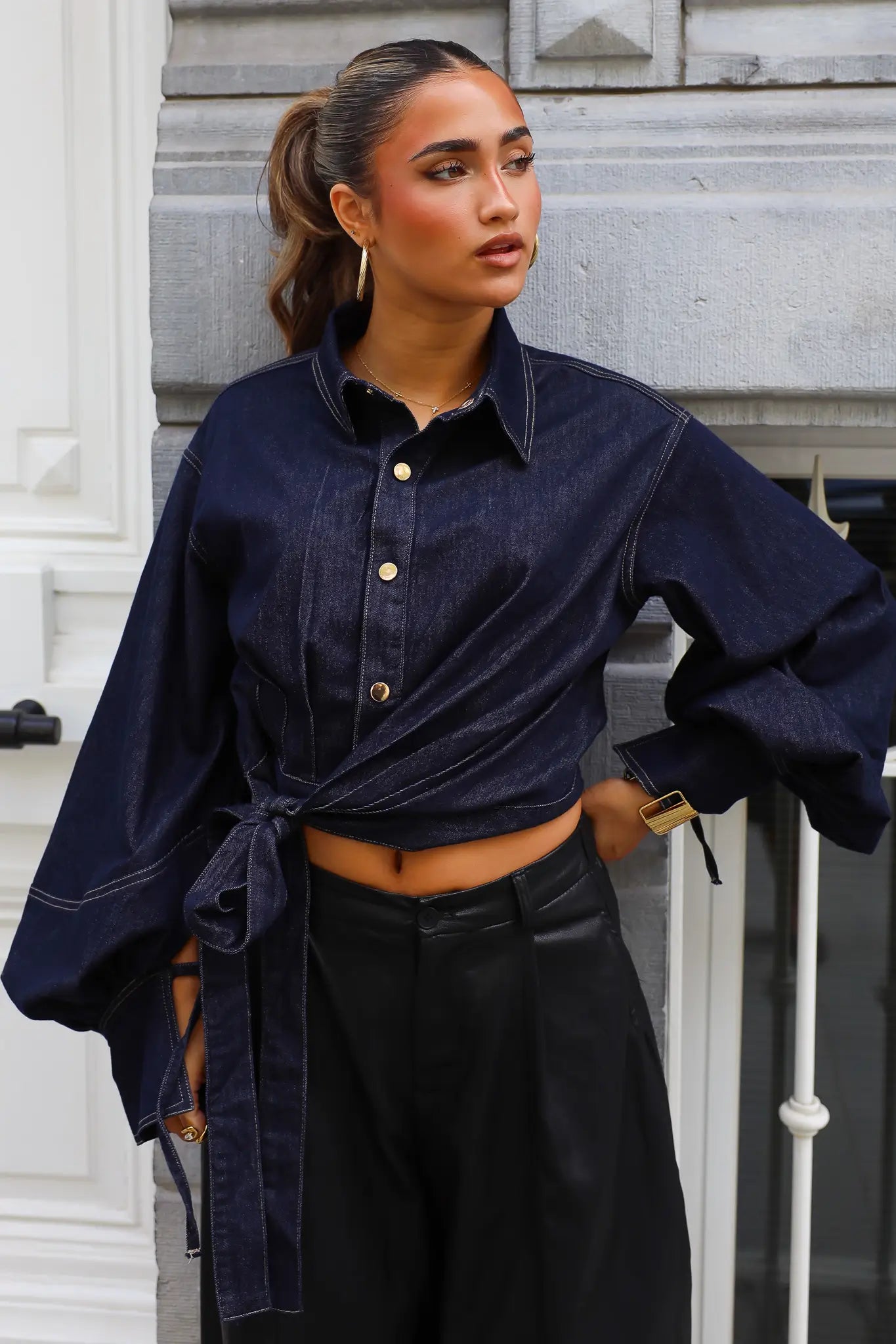 Blouse Denim Strik Donker Blauw