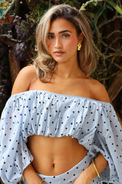 Off Shoulder Top Polka Dots Blauw