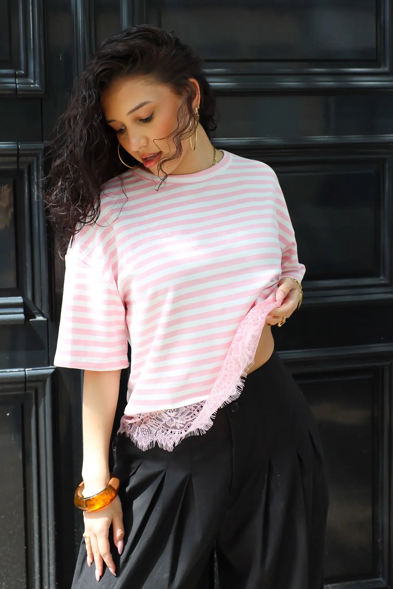 T-Shirt Strepen Kant Roze