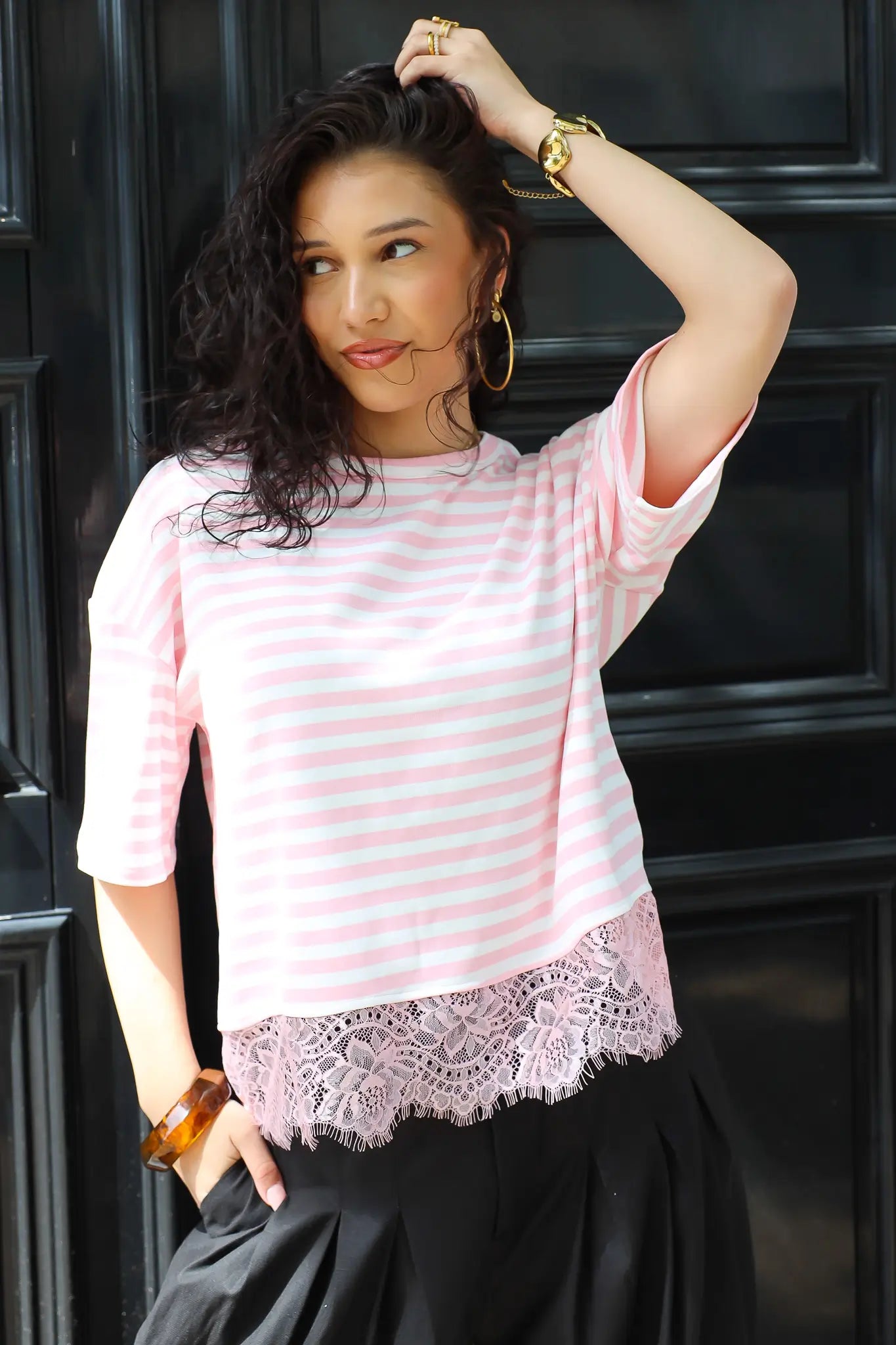 T-Shirt Strepen Kant Roze