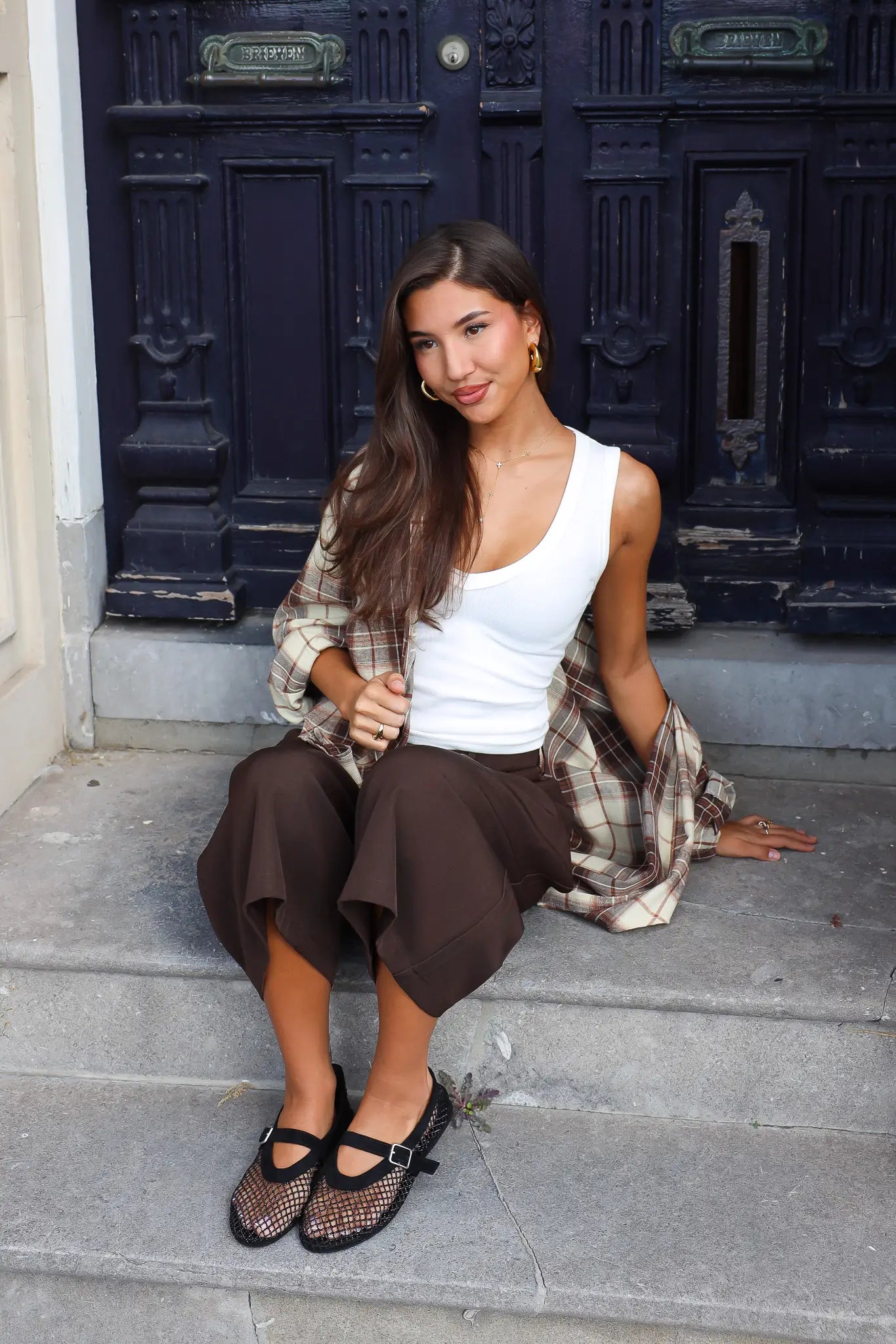 Soft Flannel Ruit Blouse Camel