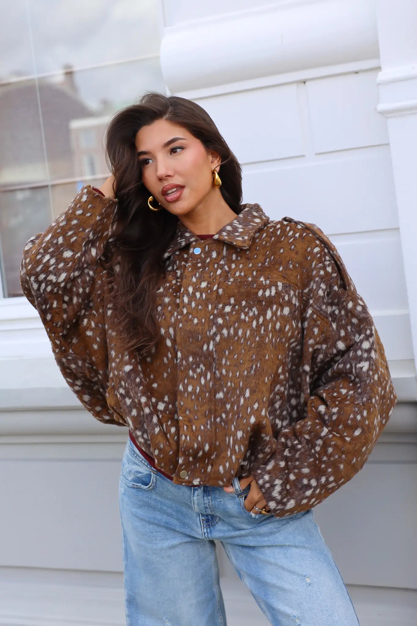 Faux Fur Jas Bambi Print Camel