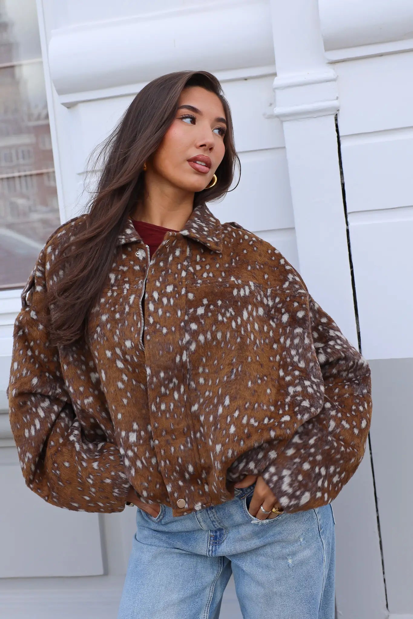 Faux Fur Jas Bambi Print Camel