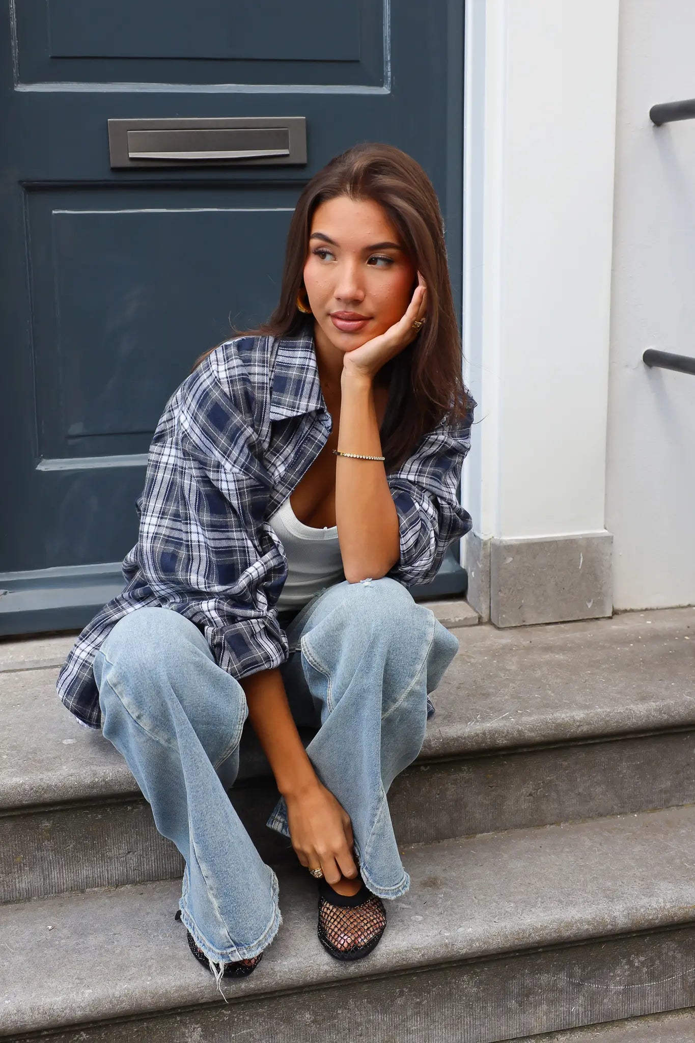 Soft Flannel Ruit Blouse Donker Blauw
