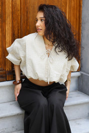Ballon Blouse Ruit Beige