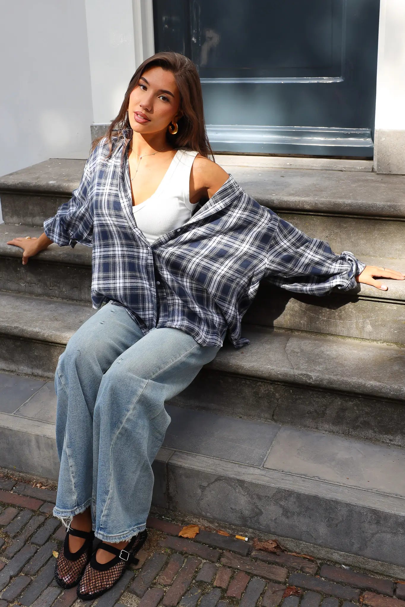 Soft Flannel Ruit Blouse Donker Blauw