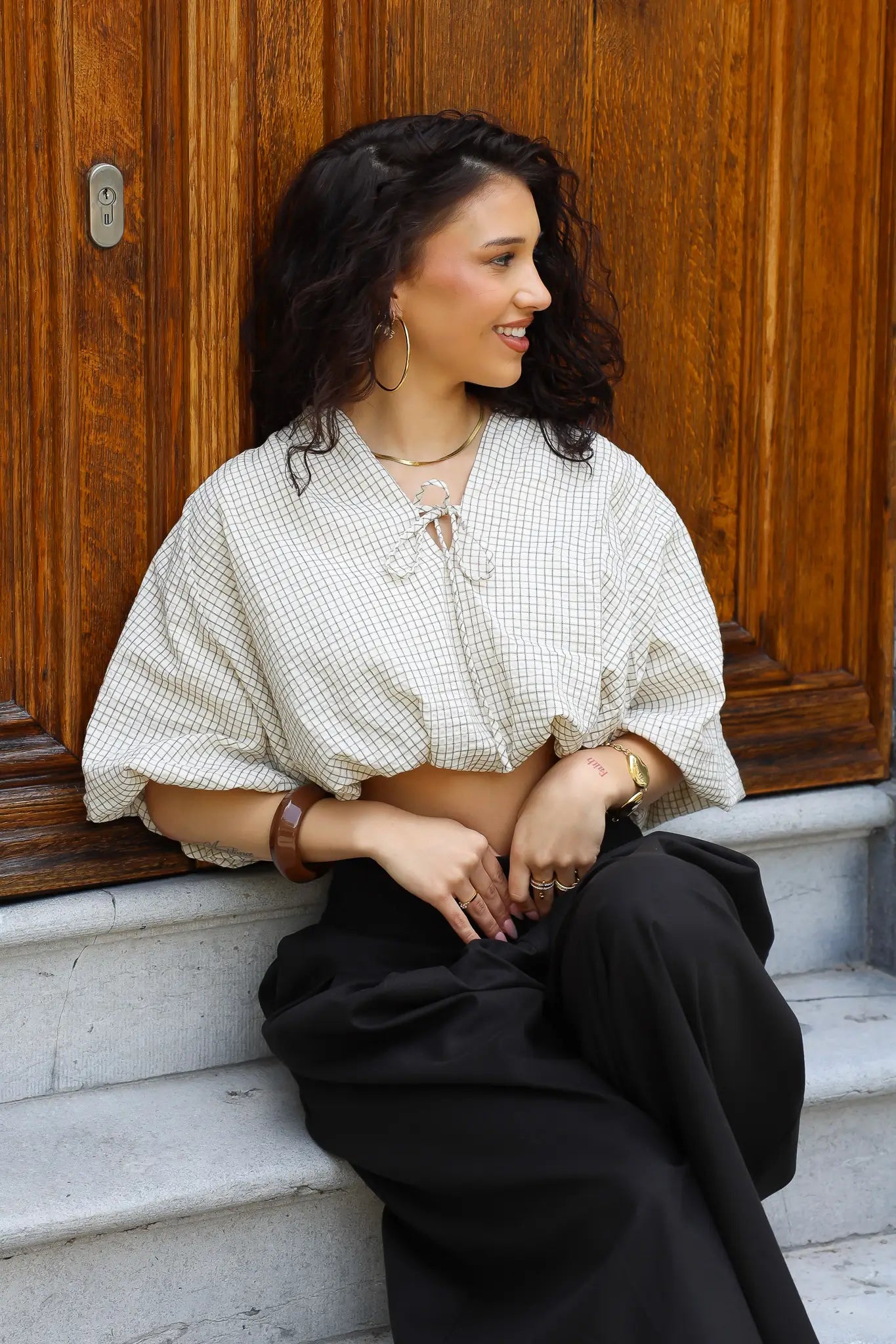 Ballon Blouse Ruit Beige