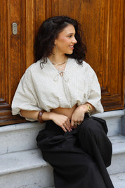 Ballon Blouse Ruit Beige