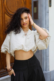 Ballon Blouse Ruit Beige