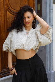 Ballon Blouse Ruit Beige