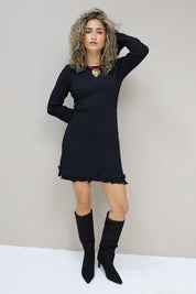 Jurk Lange Mouwen Ruffle Detail Zwart